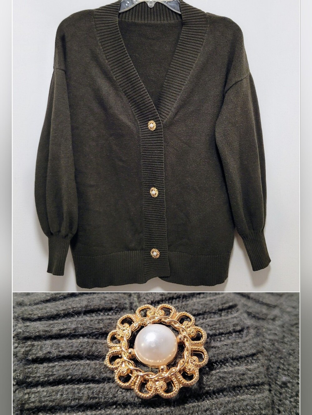 Women's Button-Front Knit Cardigan Sweater V-Neck Army Green Pearl Viscose - S